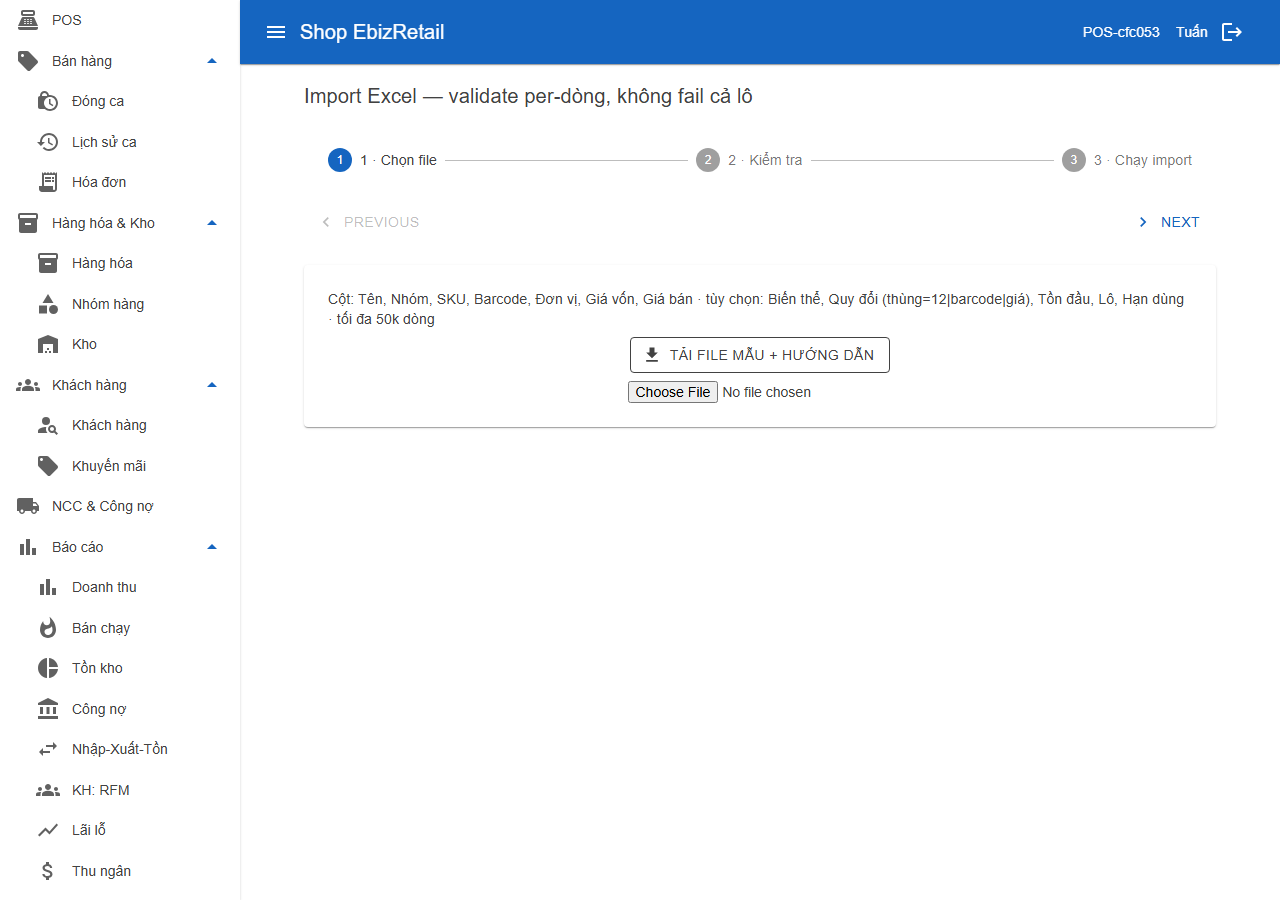 Màn hình nhập hàng từ file Excel