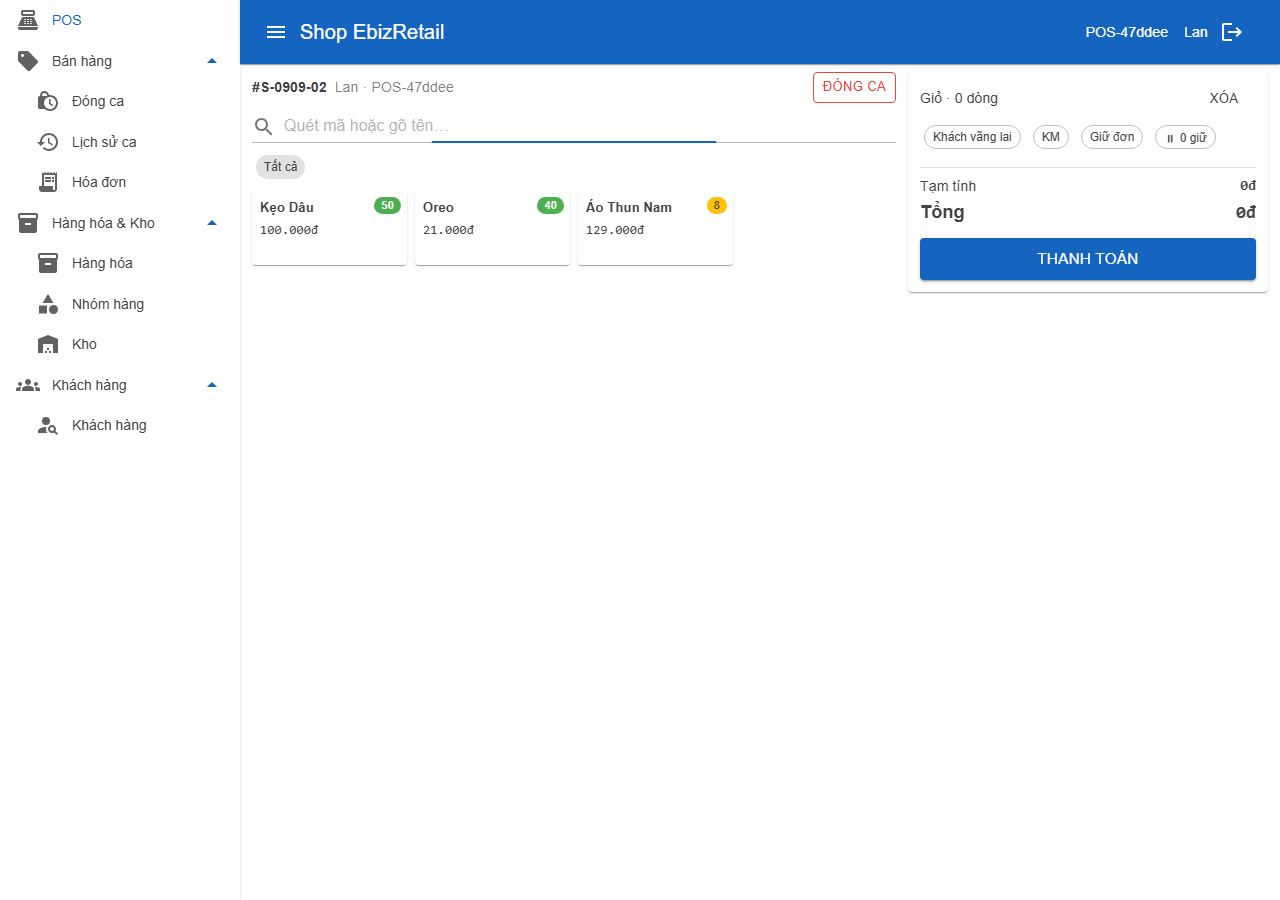 Màn hình POS EbizRetail — bán hàng quét mã vạch, giỏ hàng và tổng tiền